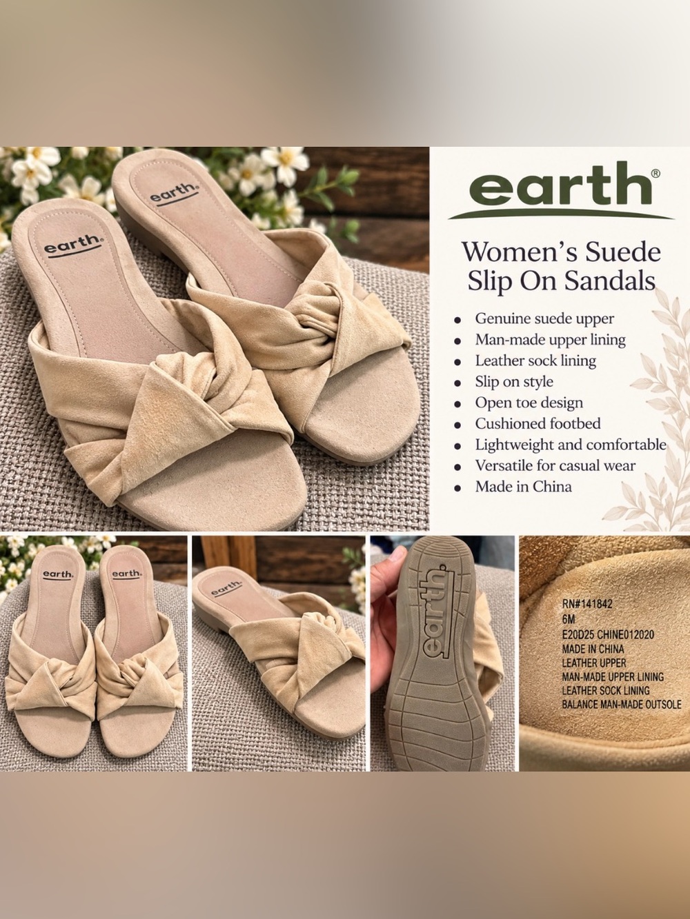 Earth Women's Suede Knotted Slip-On Sandals — Beige/Tan